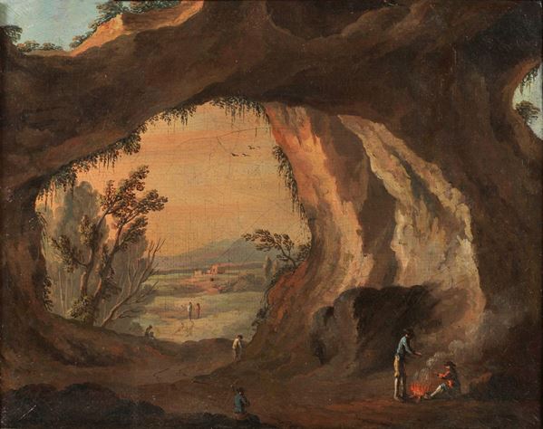 Scuola Napoletana Fine XVIII - Inizio XIX Secolo - "Landscape with cave, characters and the Gulf of Baia in the background" small oil painting on canvas