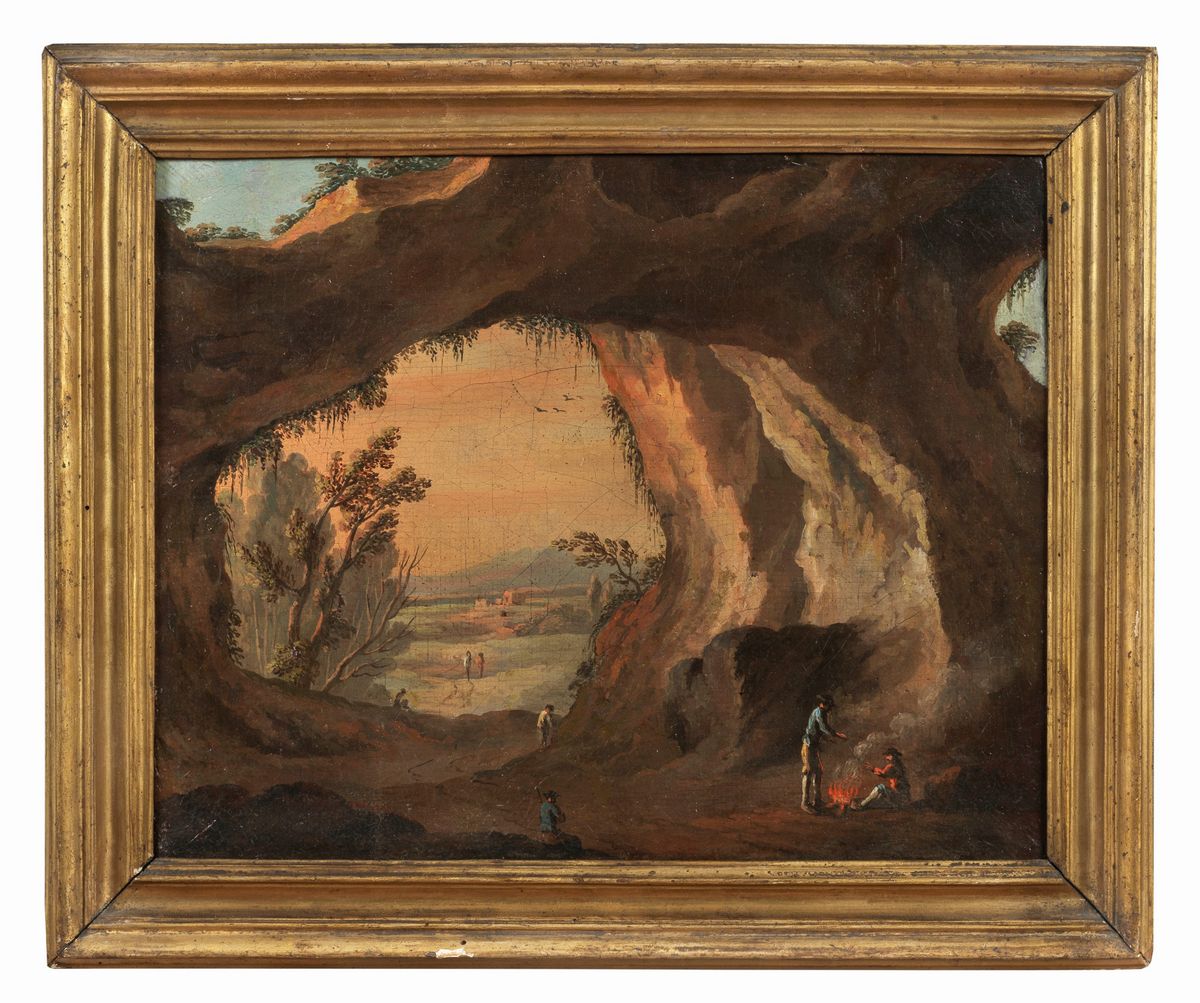 "Paesaggio con grotta, personaggi e sullo sfondo il Golfo di Baia" piccolo dipinto ad olio su tel...