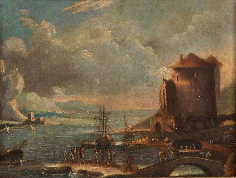 "Marina con veduta di porto, personaggi e torre" piccolo dipinto ad olio su tela