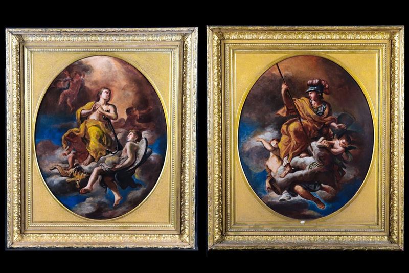 "Allegorie di Santi con angeli e putti" coppia di dipinti ovali ad olio su tela