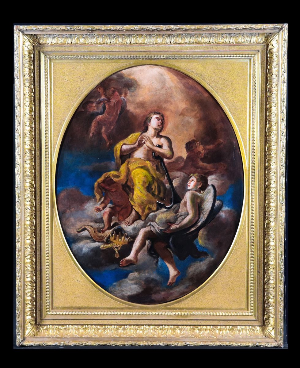 "Allegorie di Santi con angeli e putti" coppia di dipinti ovali ad olio su tela