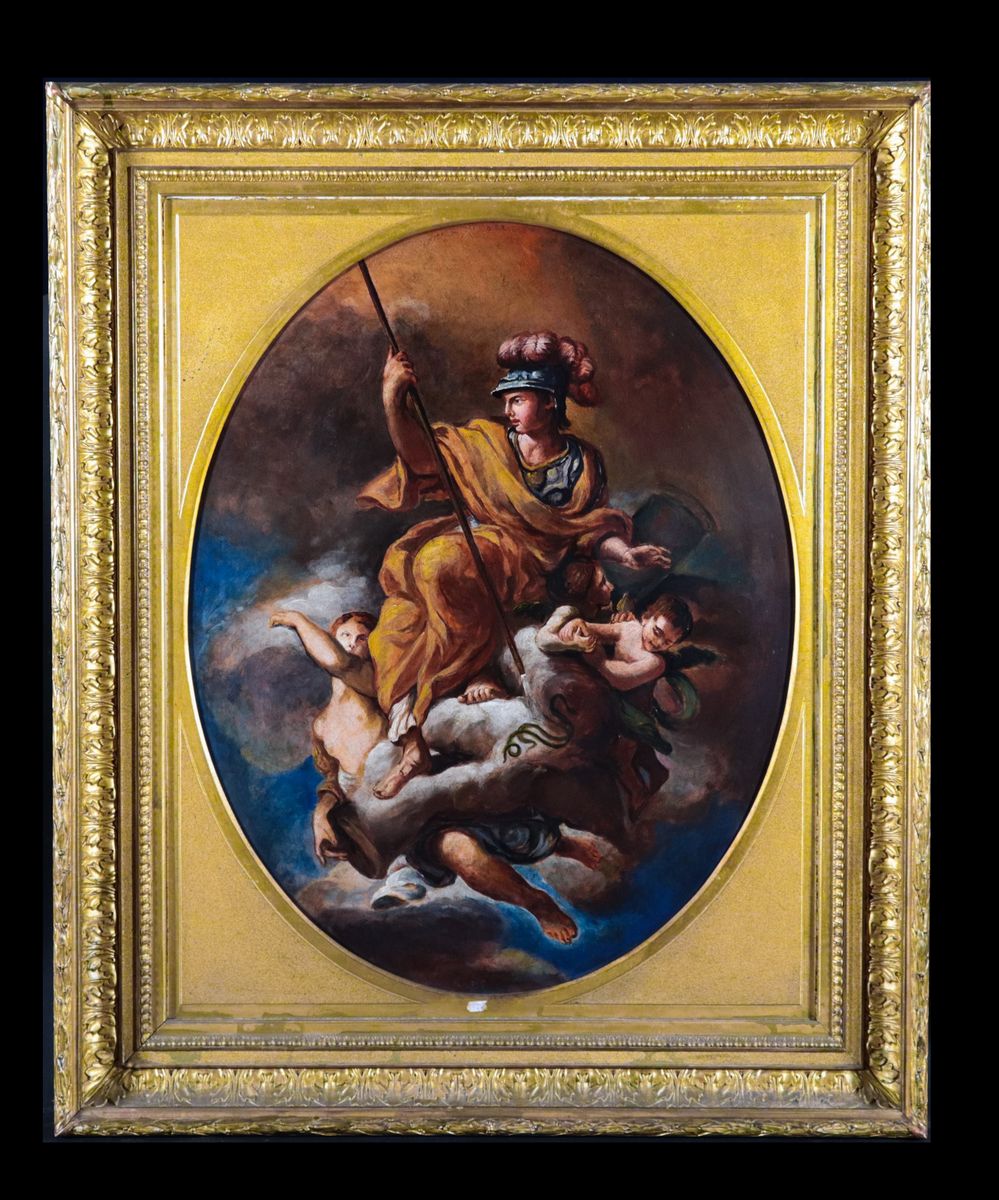 "Allegorie di Santi con angeli e putti" coppia di dipinti ovali ad olio su tela