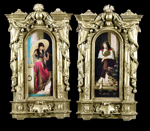 Muller C.L. pittore tedesco XIX Secolo - "Odalisques". Signed. Pair of small sixth oval oil paintings on tablet