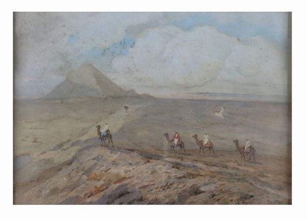 Filippo Carcano - "Egyptian Landscape with the Pyramids and the Sphinx". Signed. Painted in watercolor and lean oil