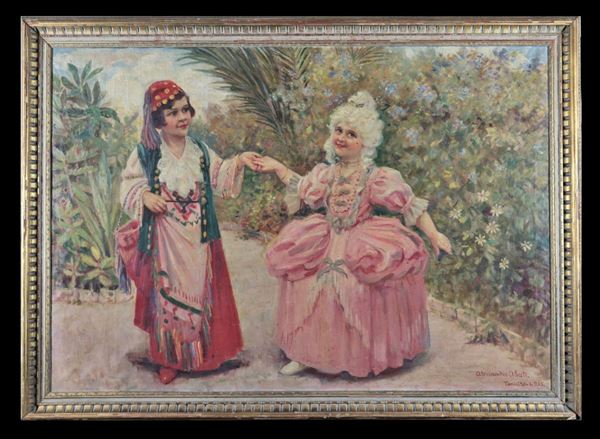 Alessandro Abate - "Maidens in carnival costumes". Signed and dated 1935. Bright oil painting on canvas