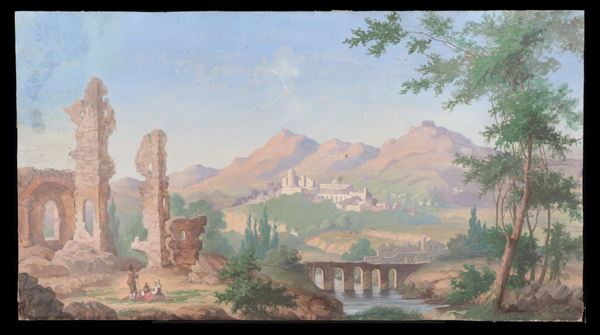 Pittore Francese XIX Secolo - "Veduta di Ariccia con ruderi e pastori". Firmato. Luminoso dipinto a pastello
