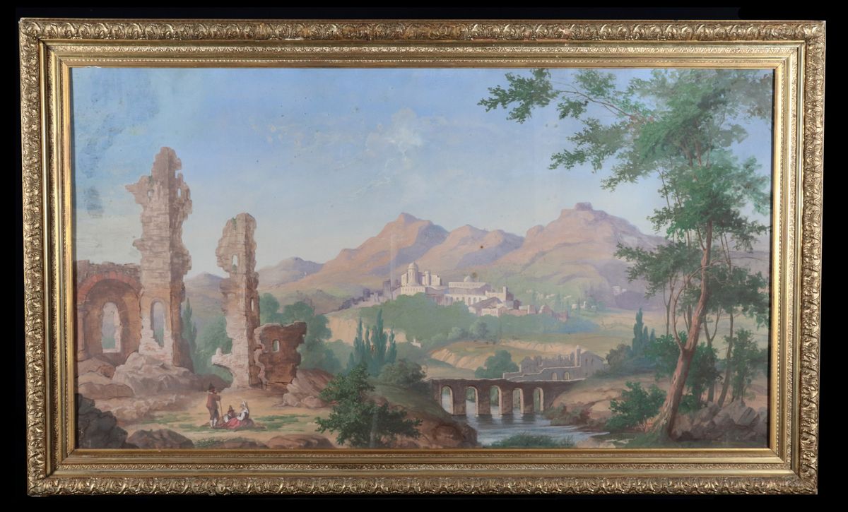"Veduta di Ariccia con ruderi e pastori". Firmato. Luminoso dipinto a pastello