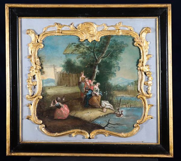 Pittore Francese XIX Secolo - "Scena galante con ruscello e papere" sopraporta dipinto ad olio su compensato