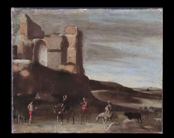 Pittore Italiano Fine XVII Secolo - "Paesaggio con ruderi e la fuga in Egitto" piccolo dipinto ad olio su tela