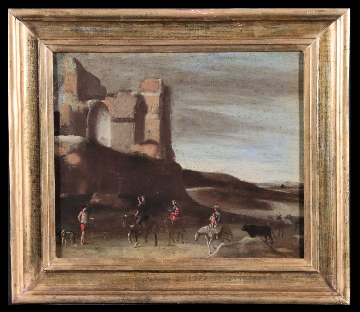 "Paesaggio con ruderi e la fuga in Egitto" piccolo dipinto ad olio su tela