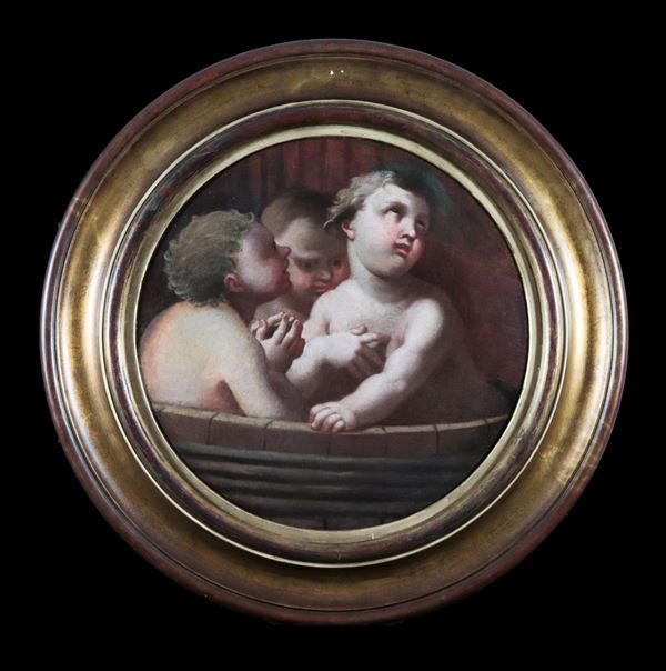 Pittore Romano Fine XVII Secolo - "Volti di angioletti" dipinto tondo ad olio su tela