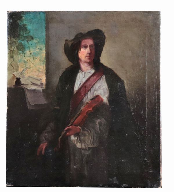 Scuola Italiana Fine XIX Secolo - "Interno con suonatore di violino" dipinto ad olio su tela