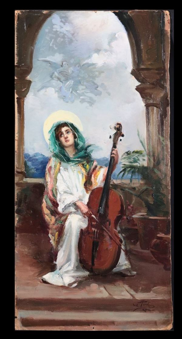 Giuseppe Aureli - "Santa Cecilia che suona il violoncello". Firmato. Dipinto ad olio
