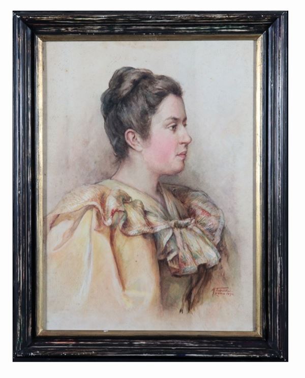 Max Tubenthal - "Portrait of a girl". Signed and registered in Rome 1896. Watercolor on paper