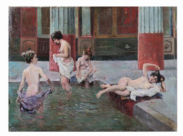 Filippo Mola - "Scena pompeiana con ancelle al bagno". Firmato. Dipinto ad olio su tela