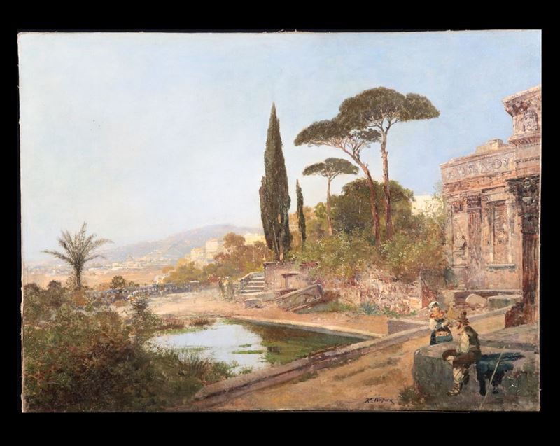 "Veduta di antica villa romana con popolani". Firmato. Dipinto ad olio su tela