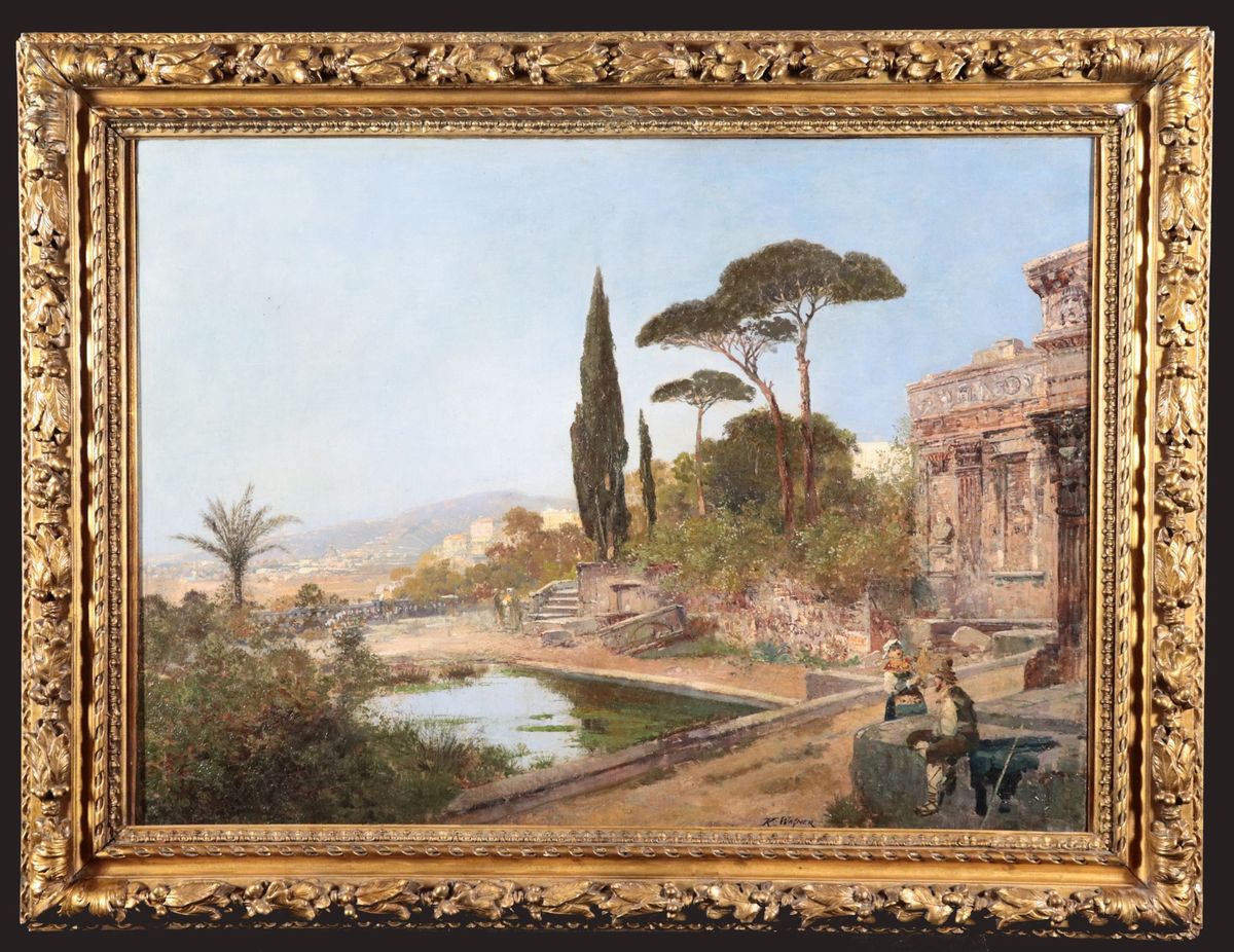 "Veduta di antica villa romana con popolani". Firmato. Dipinto ad olio su tela