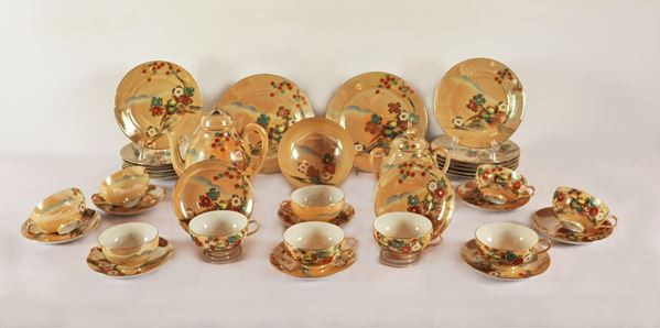 Chinese tea set in mother-of-pearl and polychrome porcelain called "egg skin" (27 pcs)