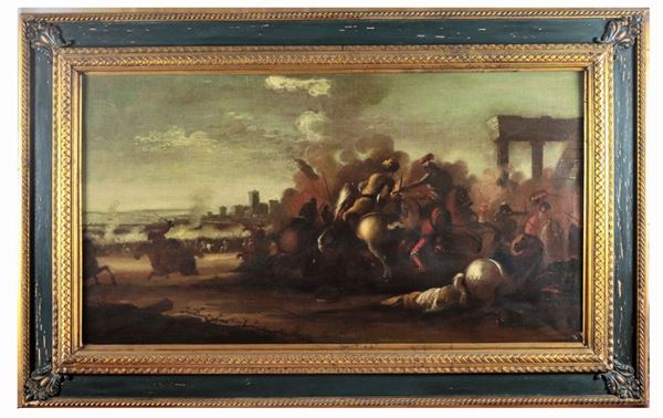 Ilario Mercanti detto Lo Spolverini - Allievo di. "Scena di battaglia tra cavalieri" dipinto ad olio su tela