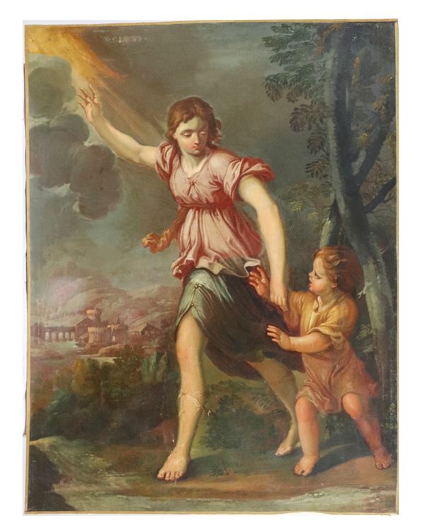Scuola Emiliana Inizio XVIII Secolo - "Paesaggio con scena mitologica" dipinto ad olio su tela