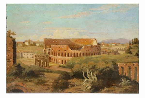 Pittore Romano XIX Secolo - "Veduta del Colosseo" luminoso piccolo dipinto ad olio su rame