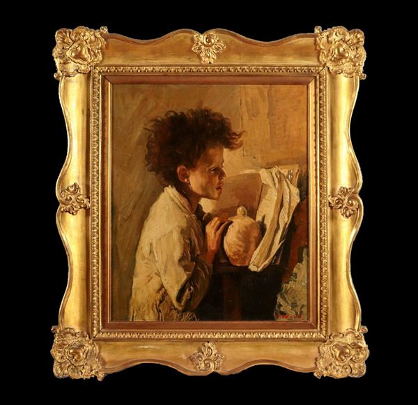 Antonio Mancini - It bears the signature of. 'Child with piggy bank' bright oil painting on canvas