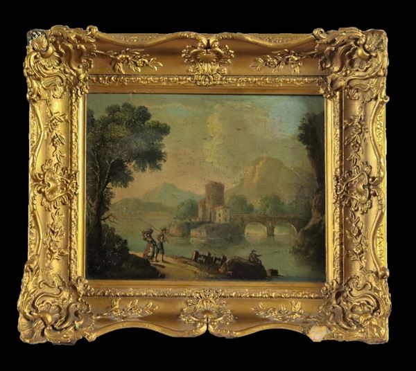 Pittore Veneto XVIII Secolo - "Landscape with tower, bridge, fishermen and watercourse" oil painting on canvas