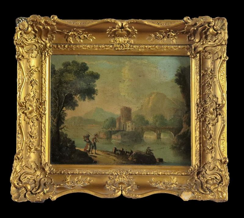 "Paesaggio con torre, ponte, pescatori e corso d'acqua" dipinto ad olio su tela