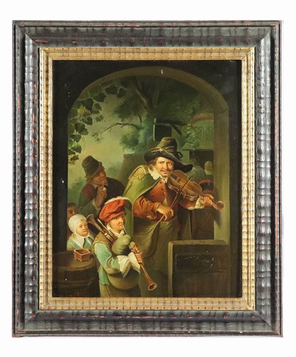 Maestro Fiammingo XIX Secolo - "Suonatori ambulanti" dipinto ad olio su rame