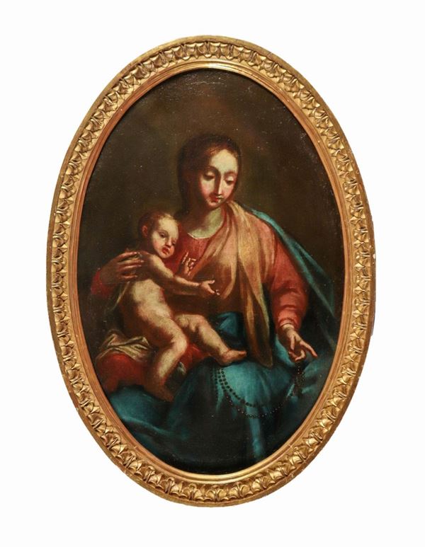 Scuola Napoletana Inizio XVIII Secolo - "Madonna with Child" oval oil painting on canvas