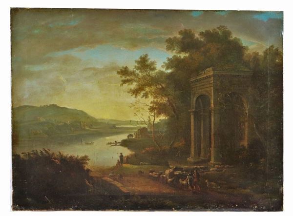 Scuola Romana Met&#224; XVIII Secolo - "Lazio landscape with river, ruins, shepherds and herds" oil painting on canvas