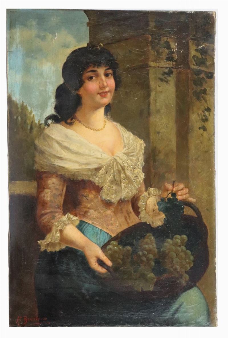 "Ragazza con cesto d'uva". Firmato. Dipinto ad olio su tela