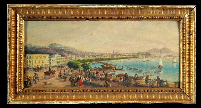 "Veduta del Golfo di Napoli con il Vesuvio, via Caracciolo e numerosi personaggi" dipinto ad olio...