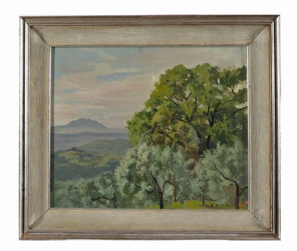 Enrico Ortolani - "Paesaggio collinare con il Monte Soratte sullo sfondo". Firmato. Dipinto ad olio su compensato
