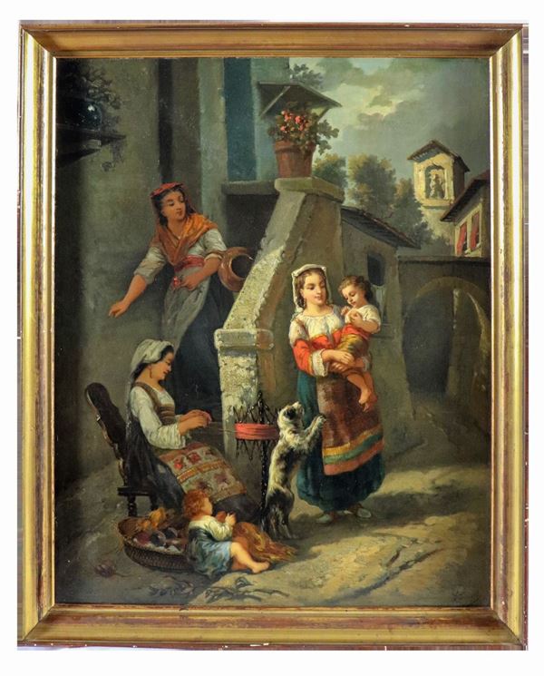Maestro Francese XIX Secolo - "Chat among the ciociare". Signed. Oil painting on canvas