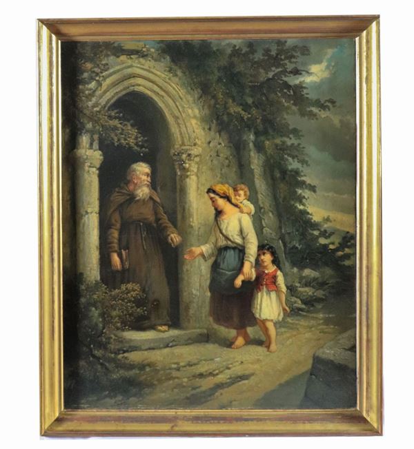 Maestro Francese XIX Secolo - "L'elemosina del frate alla popolana con figlioletti". Firmato. Dipinto ad olio su tela