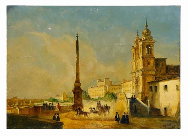 Pittore Romano XIX Secolo - "Veduta di Trinità dei Monti con personaggi" piccolo dipinto ad olio su tavoletta