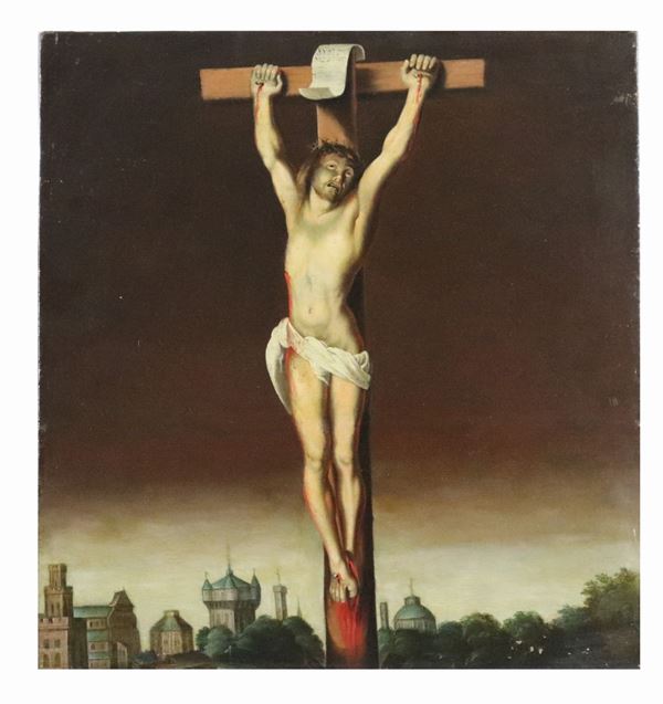 Scuola Fiamminga XVIII Secolo - "Crocifissione" dipinto ad olio su tavola
