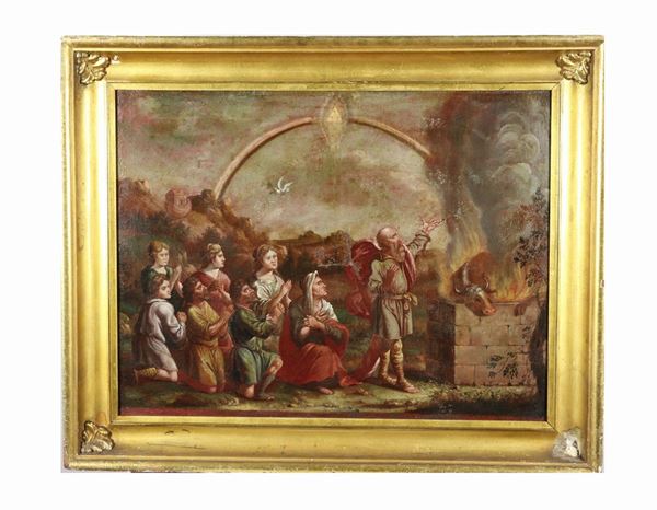 Pittore Lombardo Veneto Fine XVII Secolo - "Il sacrificio di Noè dopo il diluvio" dipinto ad olio su tela