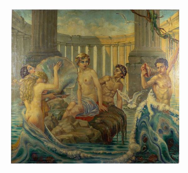 Armando Baldinelli - "Allegoria mitologica nell'Antica Roma". Firmato e datato 1928. Dipinto ad olio su tela