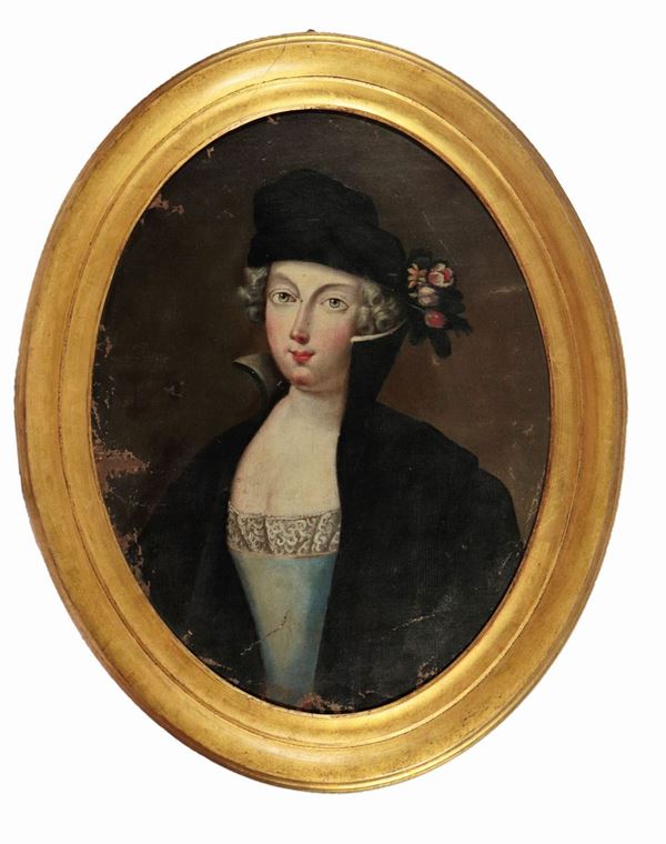 Scuola Francese Fine XVIII Secolo - "Ritratto di giovane nobildonna con cappellino e rose" dipinto ovale ad olio su tela incollata a tavola