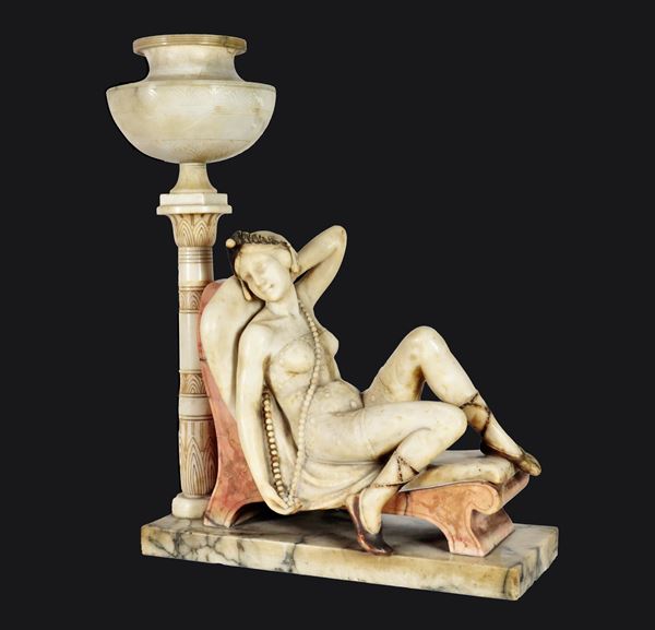 French Liberty lamp in marble with sculpture "Girl lying on the dormeuse"