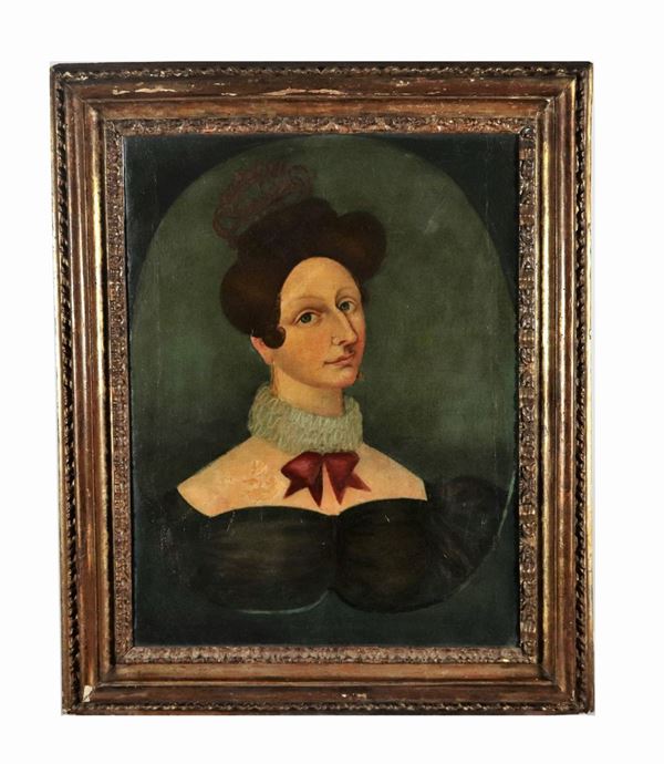 Scuola Italiana Prima Met&#224; XIX Secolo - "Ritratto di principessa con collare e fiocco rosso" dipinto ad olio su tela