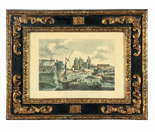 Small French color engraving "View of a small port with boats and fishermen"
