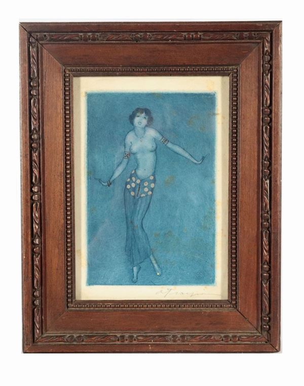 Piccolo disegno francese Liberty su carta "Fanciulla danzatrice" a monocromia azzurra
