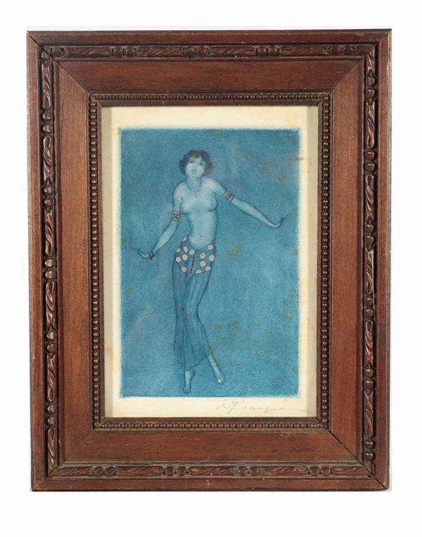 Small French Art Nouveau drawing on blue monochrome "Fanciulla Danzatrice" paper