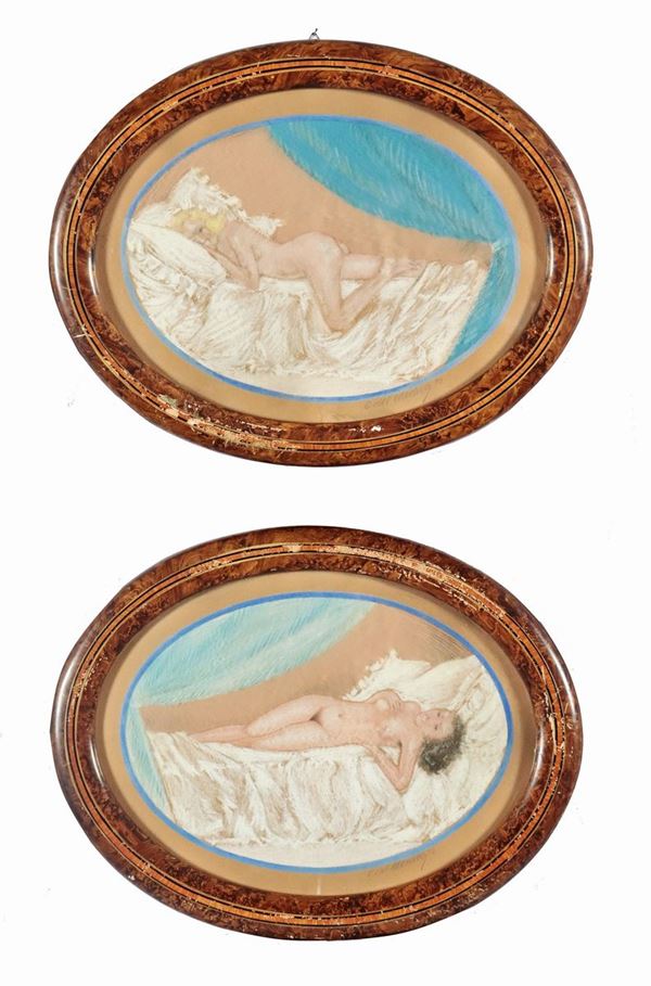 Pittore Europeo Inizio XX Secolo - "Nudes of lying girls". Signed and dated 1932. Pair of small oval paintings in mixed technique with pastel and white lead