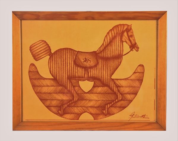 Pittore Italiano XX Secolo - "Rocking horse". Signed. Sanguine drawing on paper