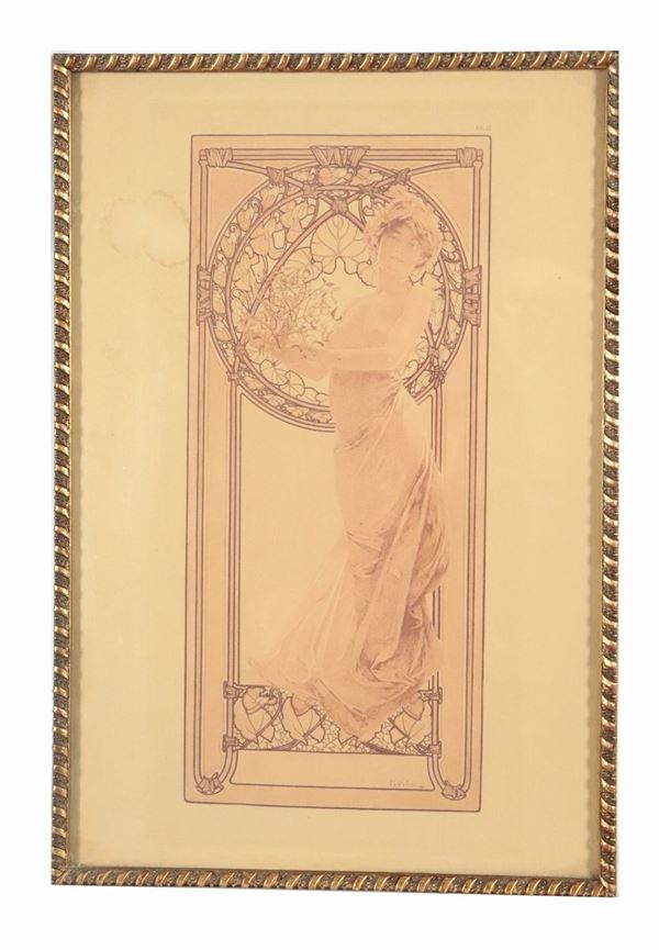 Alfons Mucha - 'Nudo di ragazza con vetrata Liberty'. Firmato e datato 1902. Piccolo manifesto su carta 
