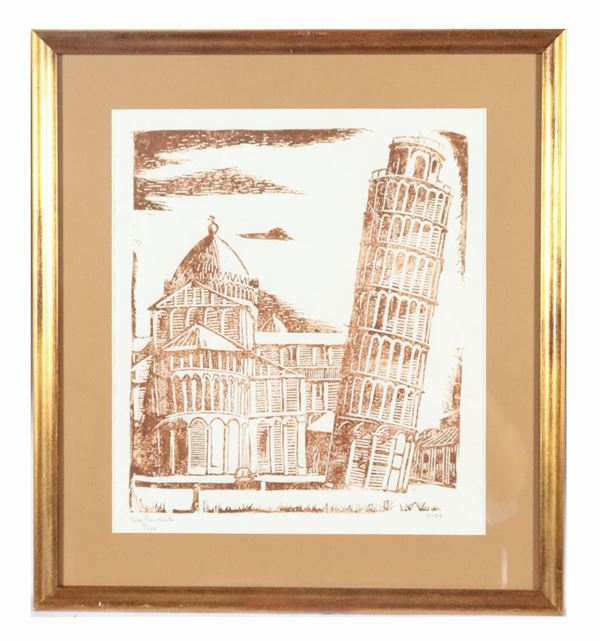 Drawing on paper "The Tower of Pisa". Signed.